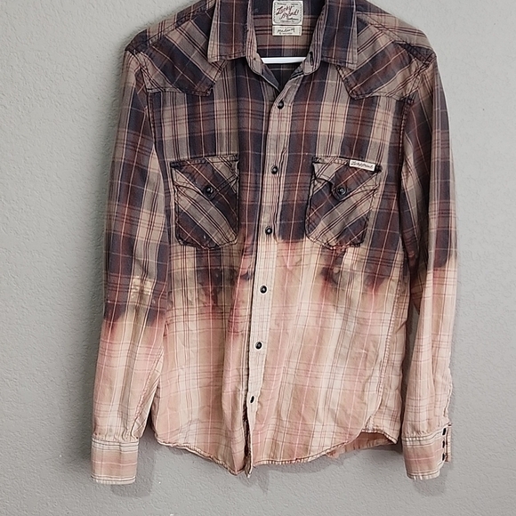 Lucky Brand Mens Size M Snap Shirt LS Bleach Dipped Distentive Western - Picture 1 of 8